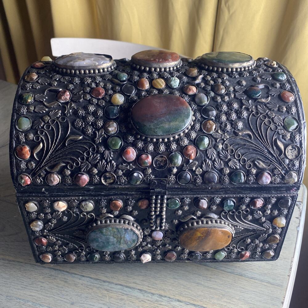Vintage Moroccan Indian Wedding Jewelry Chest Box Dome Top Mixed Stones